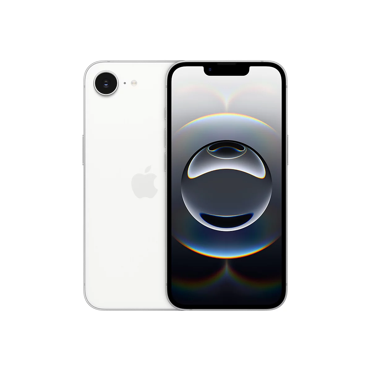 Zwei weiÃŸe iPhones, Vorder- und RÃ¼ckseite gezeigt. Das Display zeigt einen Kreis-Hintergrund.