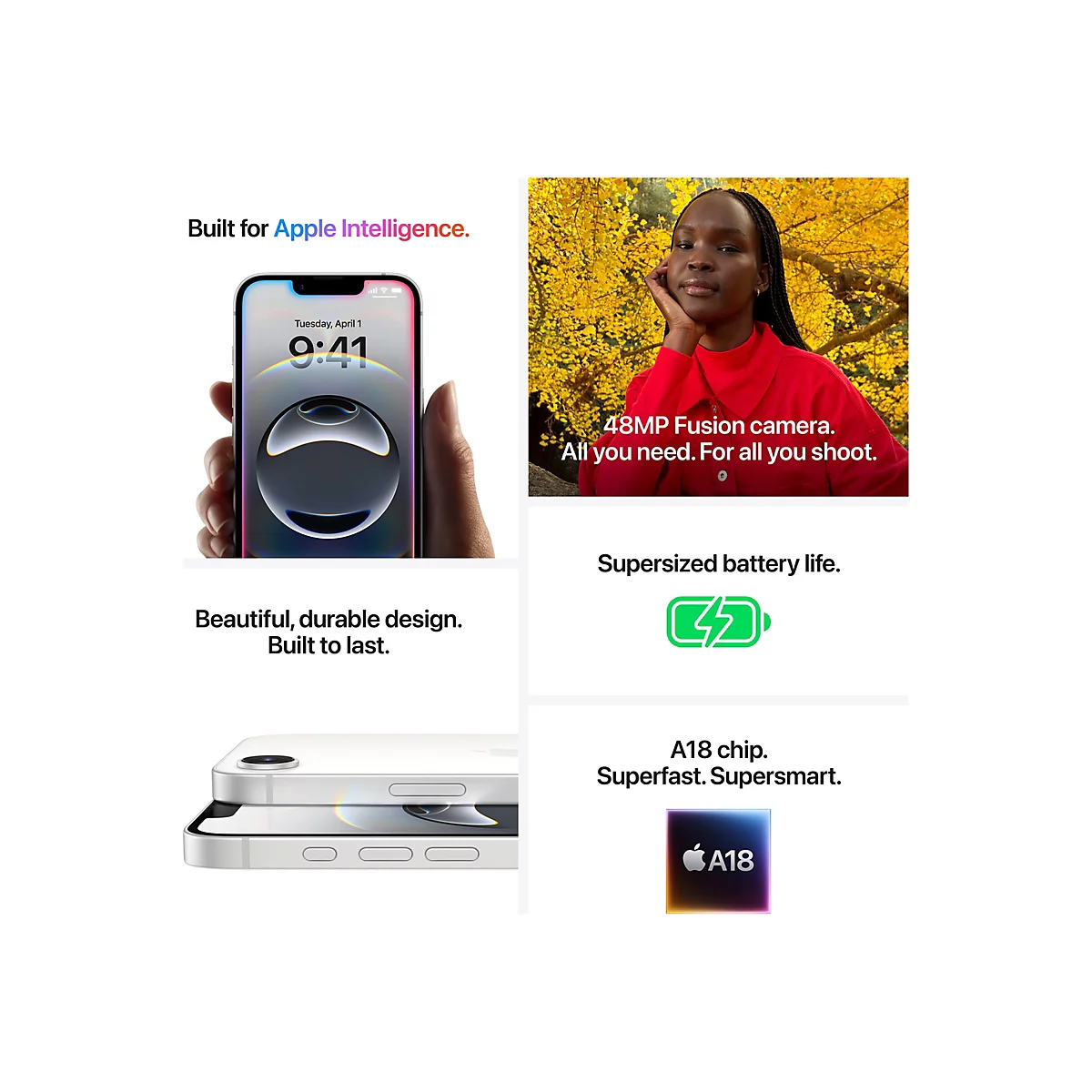 Werbung fÃ¼r das Apple iPhone. Das Bild zeigt ein iPhone in der Hand, eine Frau und Text, der die wichtigsten Merkmale hervorhebt.