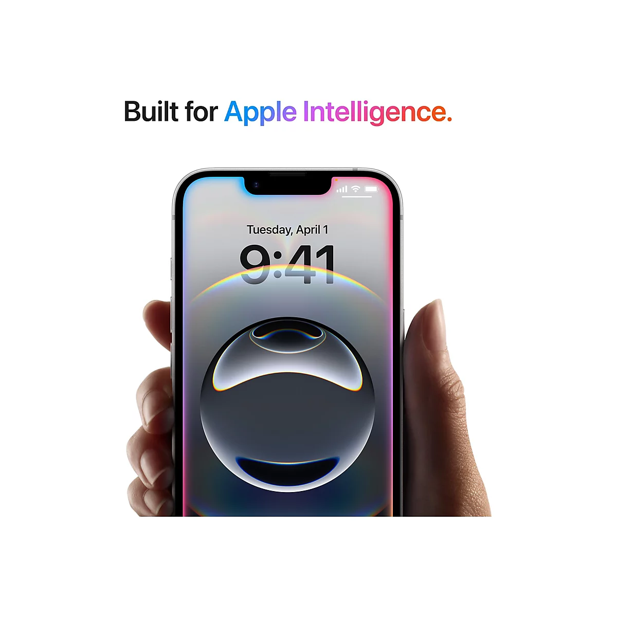 Hand hÃ¤lt iPhone-Smartphone, Display mit Datums- und Uhrzeitanzeige. Text: Built for Apple Intelligence.