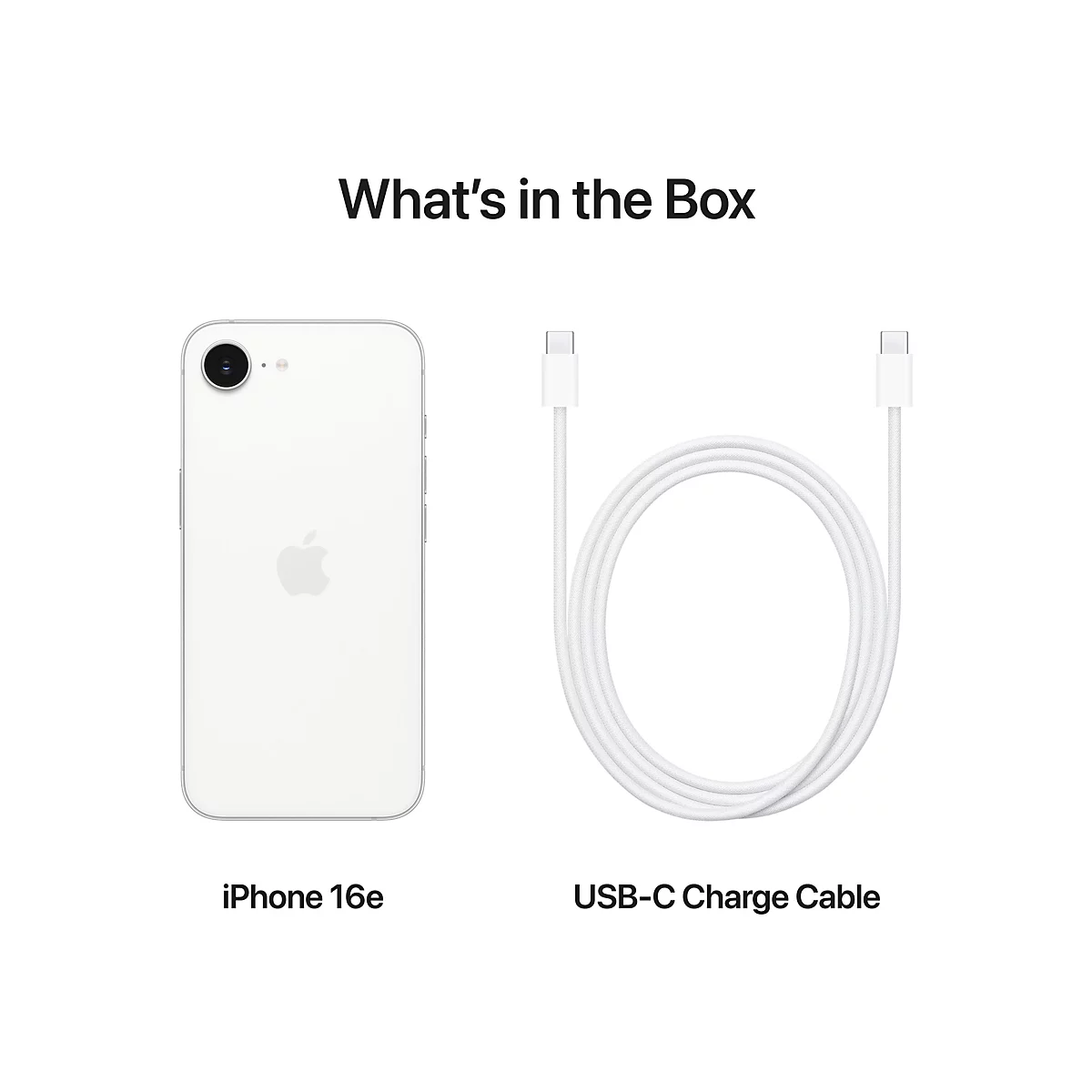 Ein weiÃŸes iPhone 16e und ein USB-C-Ladekabel. Ãœberschrift: Was ist in der Box?