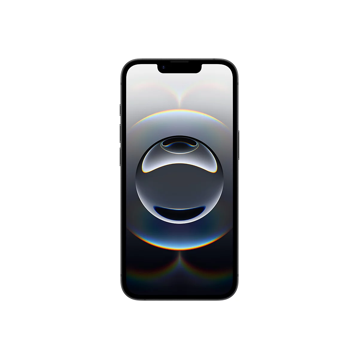 Schwarzes Smartphone mit Display, das eine abstrakt-glÃ¤nzende Kugel zeigt.