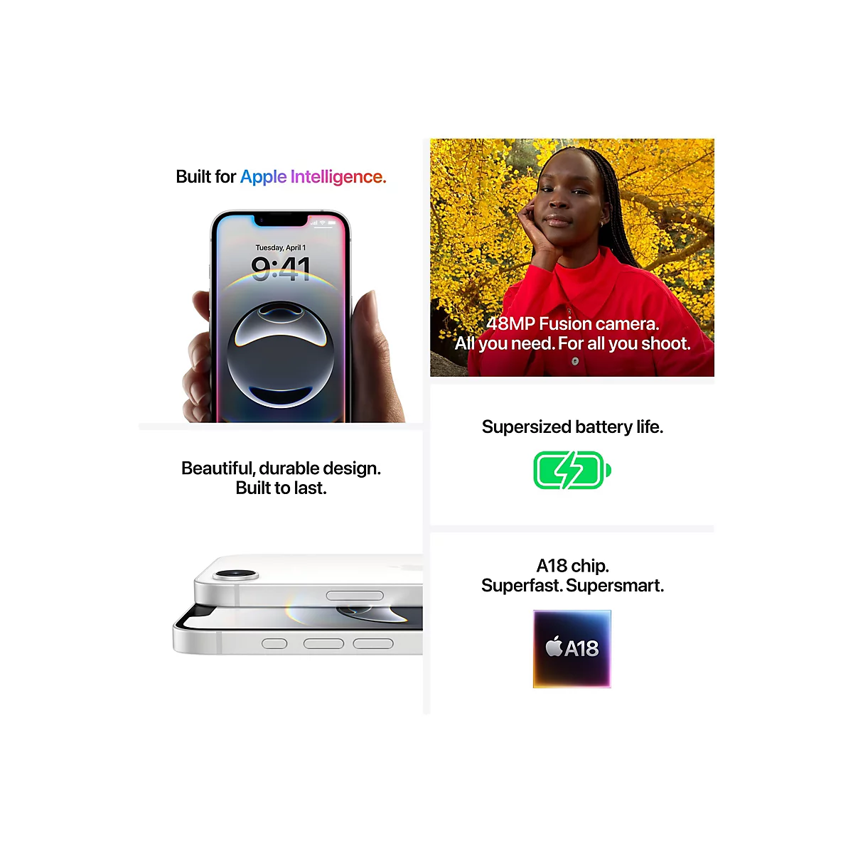 Werbebild fÃ¼r Smartphone mit Text wie '48MP Fusion Kamera', 'Supersized Batterie' und 'A18 Chip'. EnthÃ¤lt Bilder von dem Telefon und einer Person.