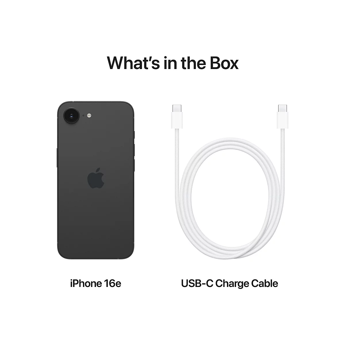 Schwarzes iPhone 16e neben einem weiÃŸen USB-C Ladekabel, vor weiÃŸem Hintergrund. Text: What's in the Box.