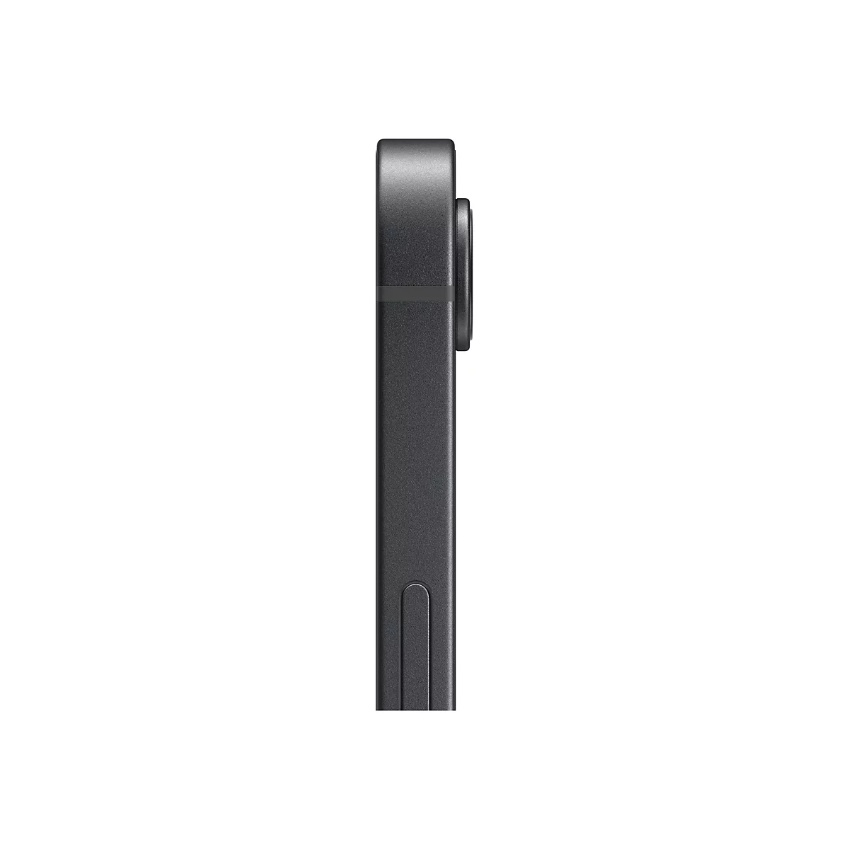 Nahaufnahme eines schwarzen Smartphones. Die Kamera und die Seite des Gehäuses sind zu sehen. Der Hintergrund ist weiß.