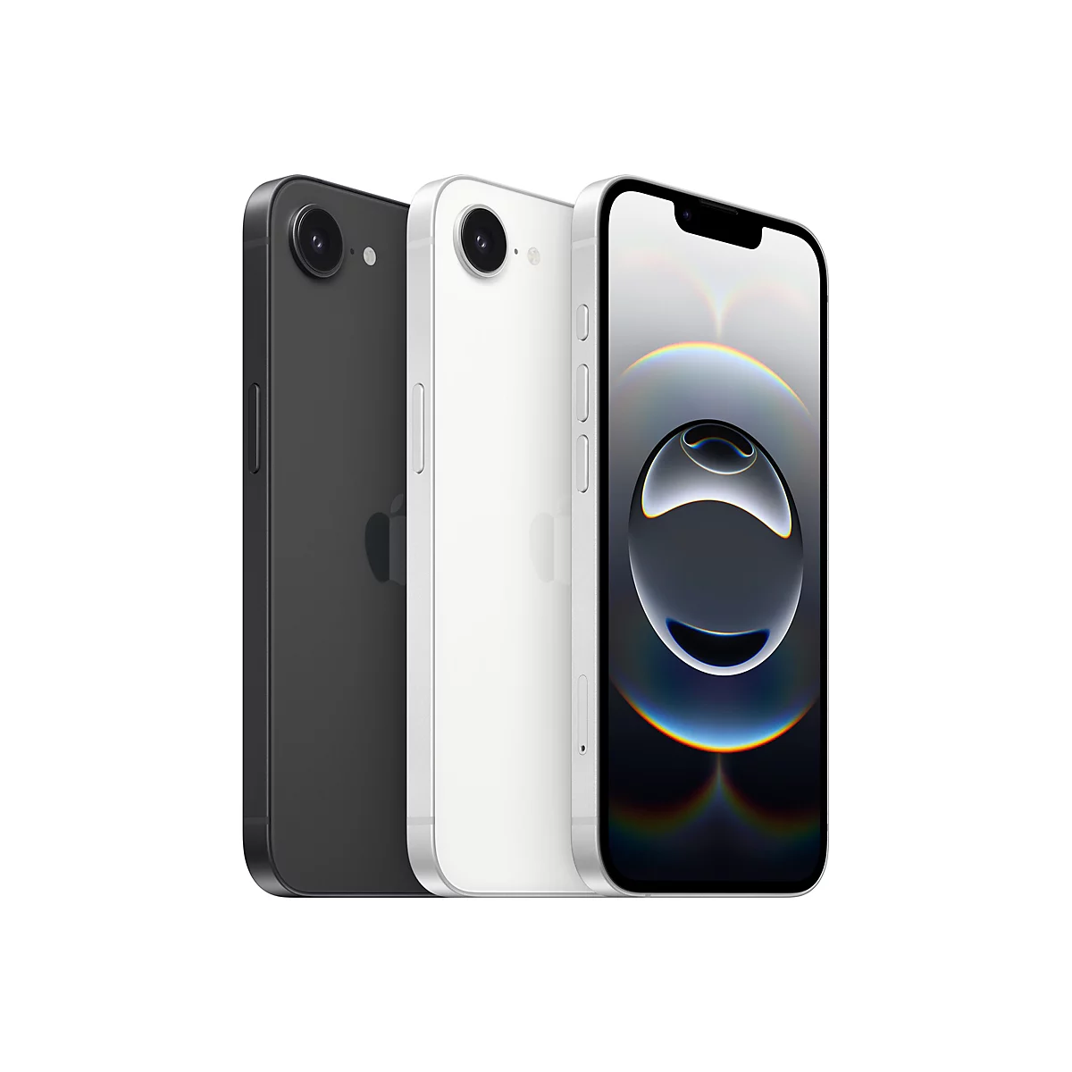 Drei Apple iPhones in verschiedenen Winkeln und Farben vor weißem Hintergrund.