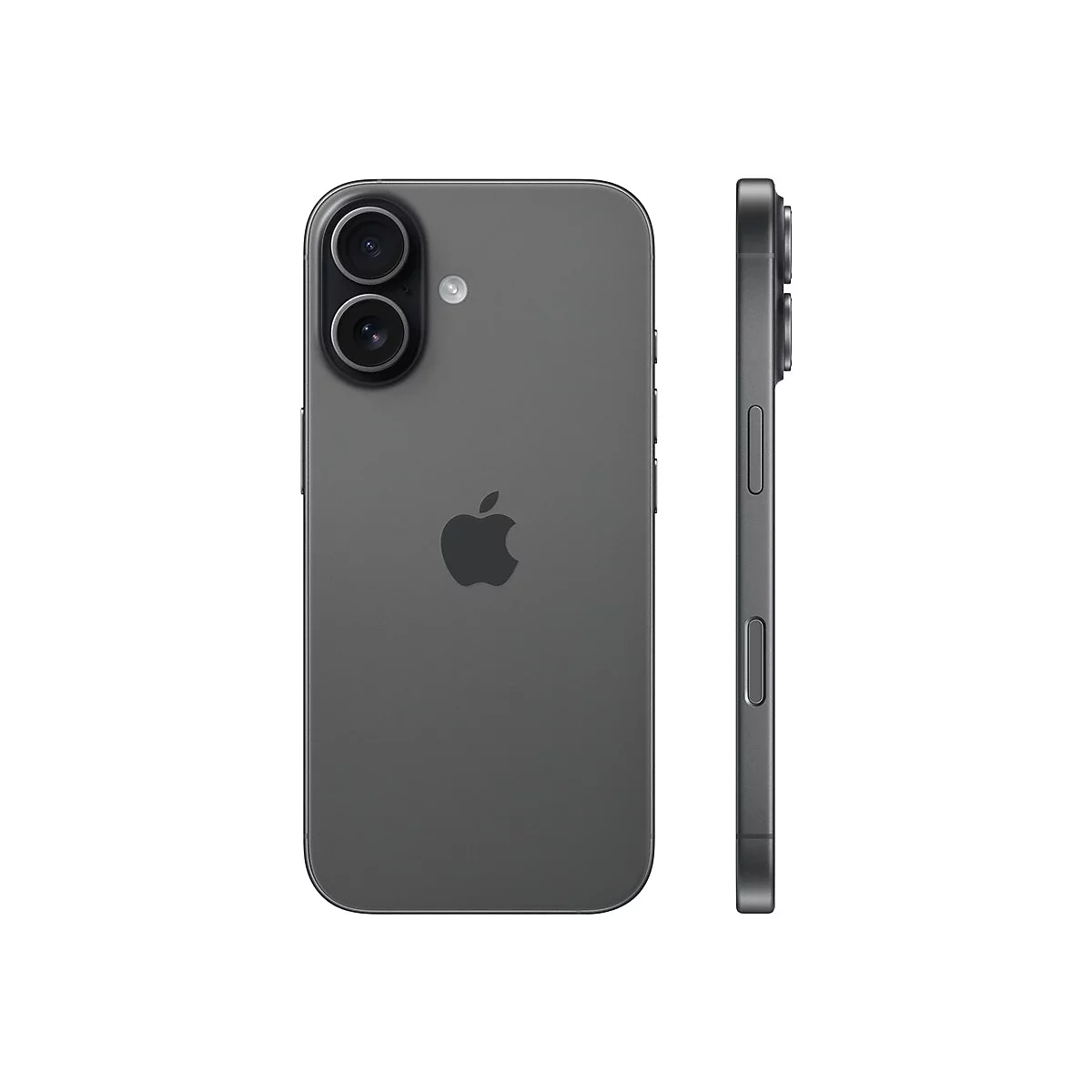 Dunkelgraues Smartphone mit zwei Kameras, Apple-Logo und Seitentasten, Seitenansicht.