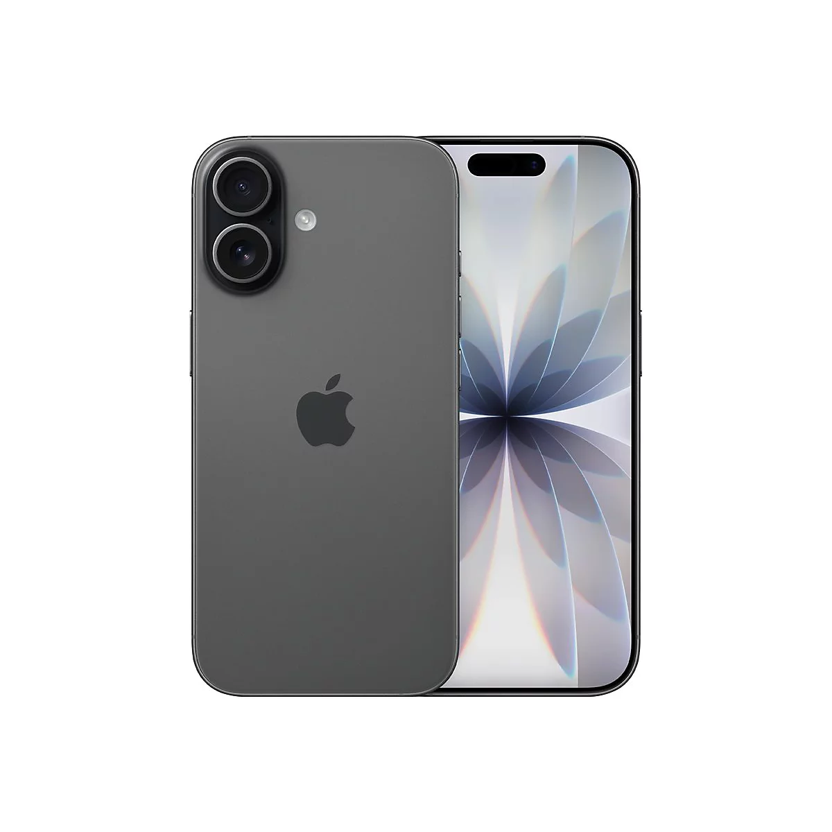 Dunkelgraues Smartphone mit zwei Kameras, Apple-Logo und floralem Bildschirmhintergrund.