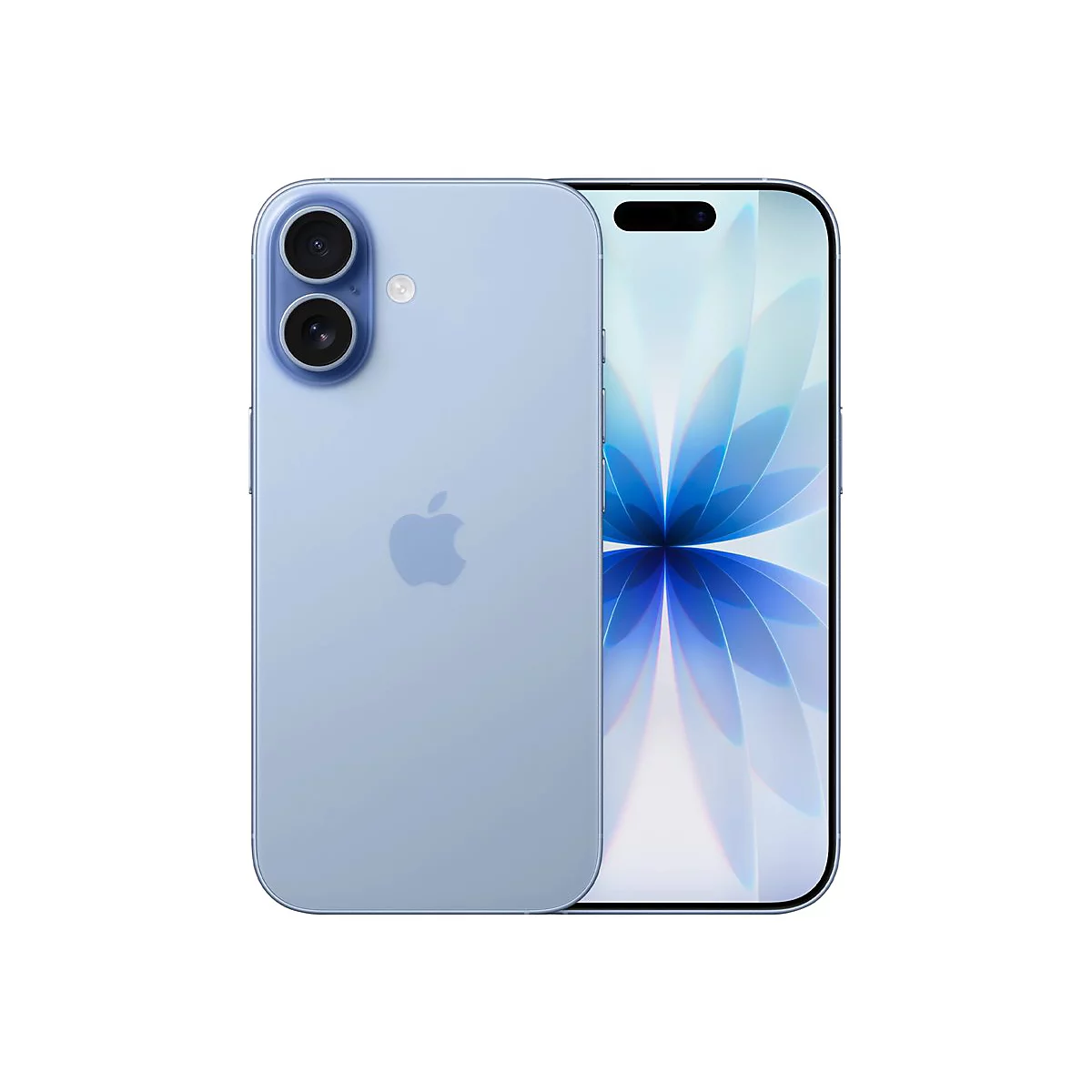 Hellblaues Smartphone von Apple. Auf der Rückseite zwei Kameras und ein Apple-Logo. Das Display zeigt eine florale Grafik.