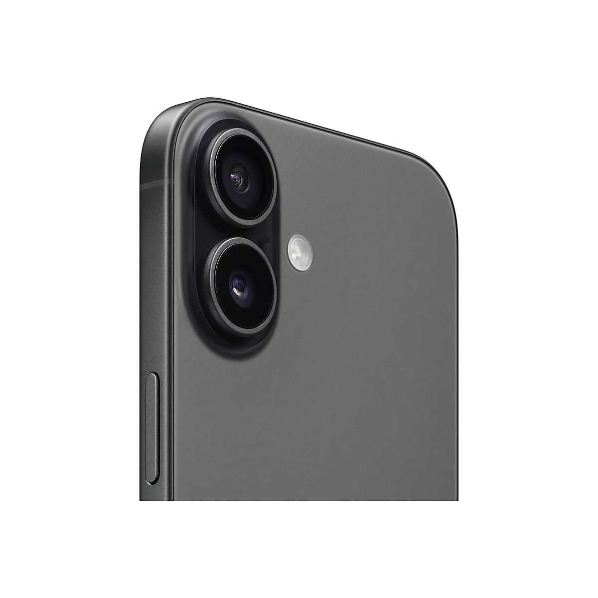 Gros plan de l'arrière d'un smartphone gris. Deux caméras et un flash sont mis au point. Le fond est blanc.