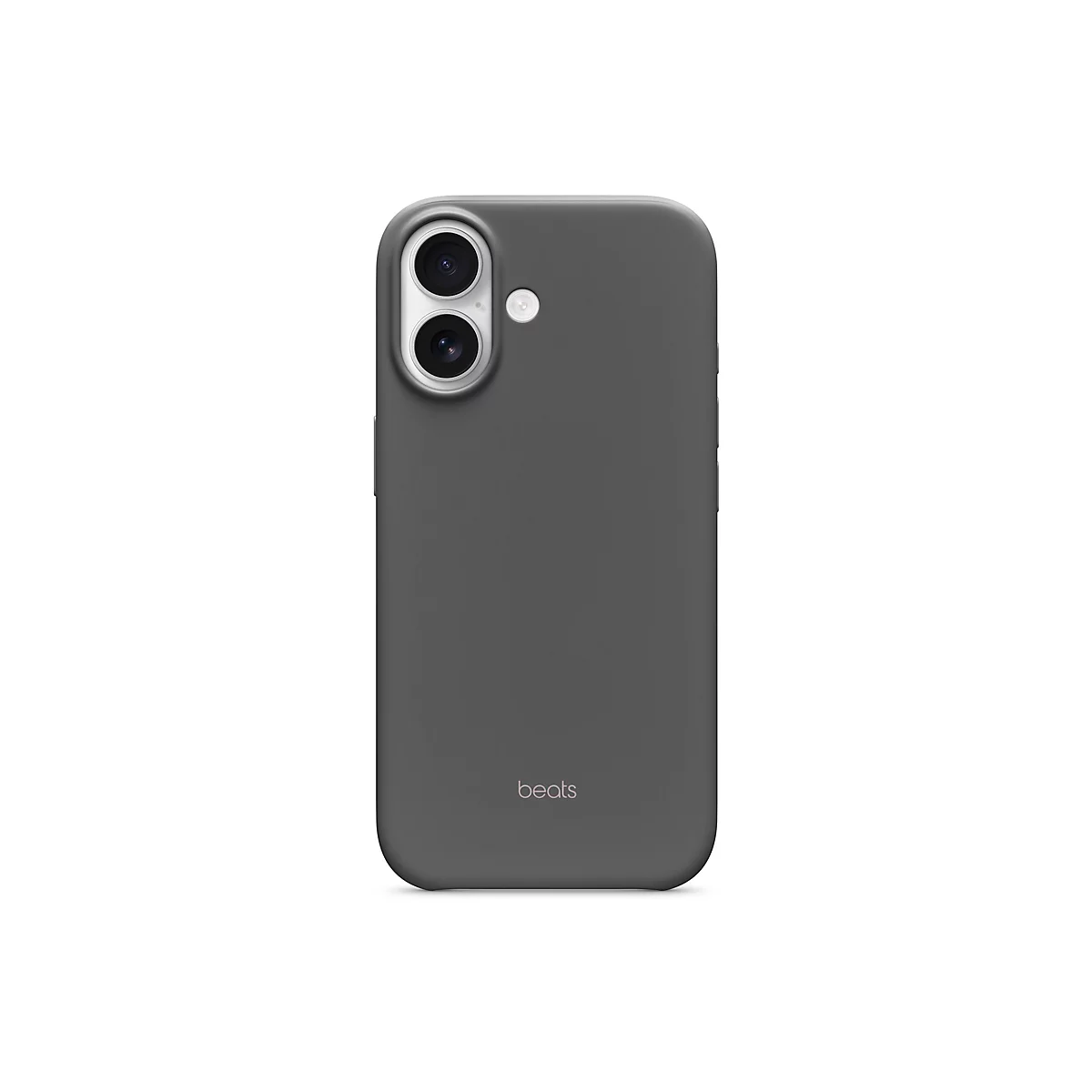 Coque de smartphone gris foncé avec découpe pour appareil photo et logo "beats". Sur fond blanc.
