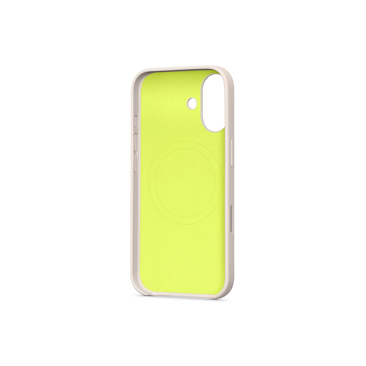 Coque de téléphone beige avec intérieur jaune, objectif et détails des boutons.