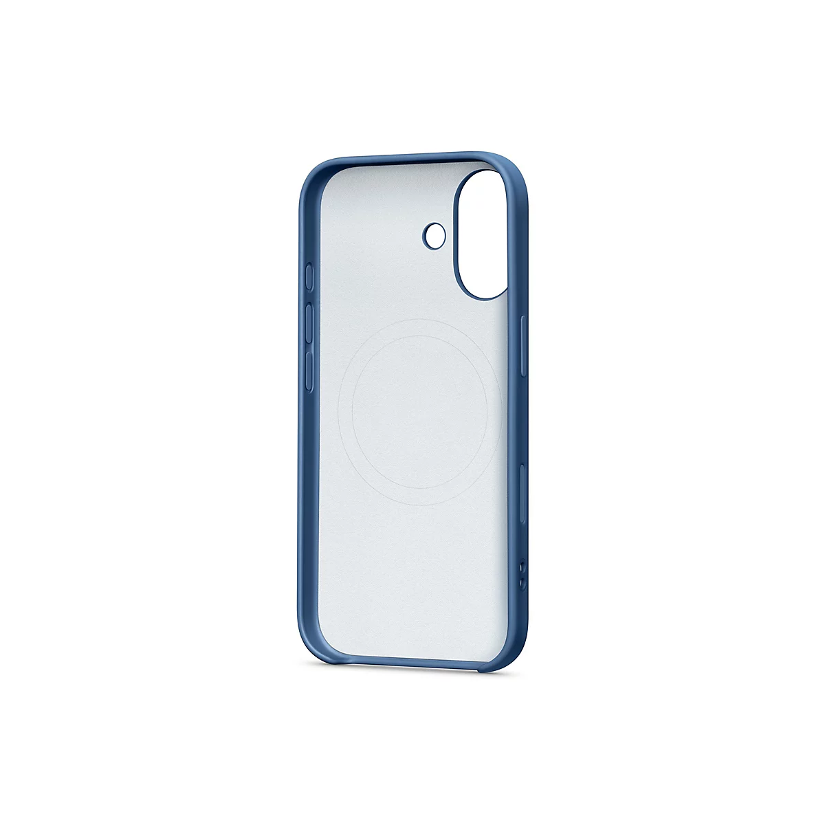 Une coque de téléphone en plastique bleu sur fond blanc. La coque est transparente, avec des découpes pour l'appareil photo et les boutons.