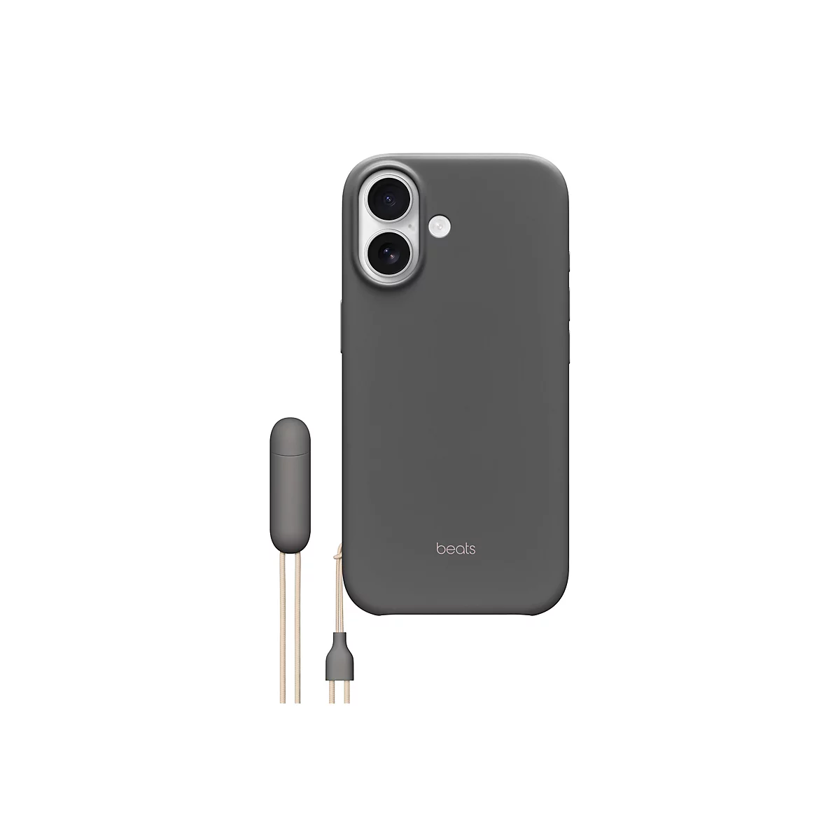 Coque de smartphone gris foncé avec étui pour écouteurs et cordon. Le mot "beats" est sur l'étui.