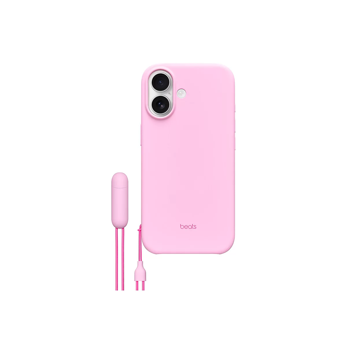 Coque de téléphone Beats rose clair et câble de chargement assorti. Sur fond blanc.