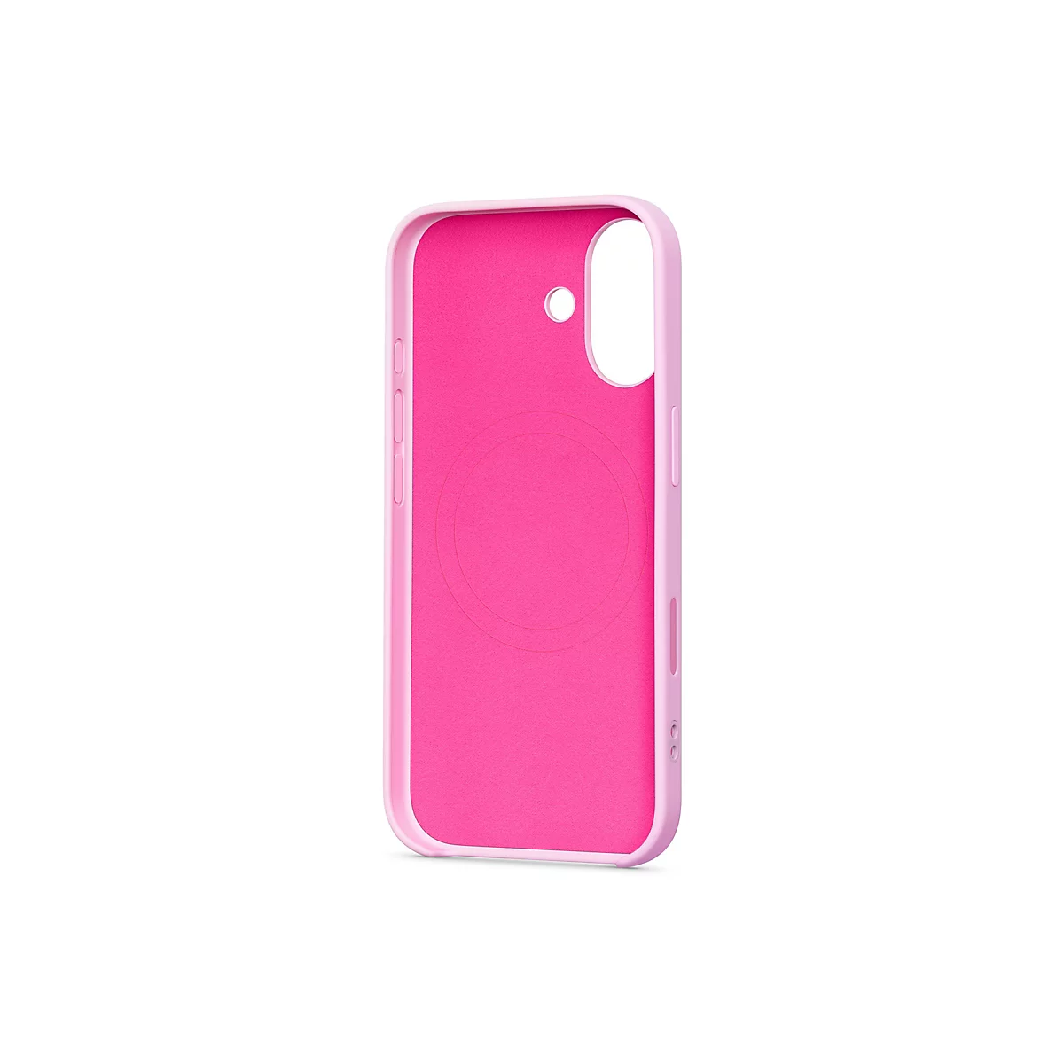 Coque de téléphone rose clair sur fond blanc. L'intérieur est également rose et texturé. Arrondi pour l'appareil photo et les boutons.