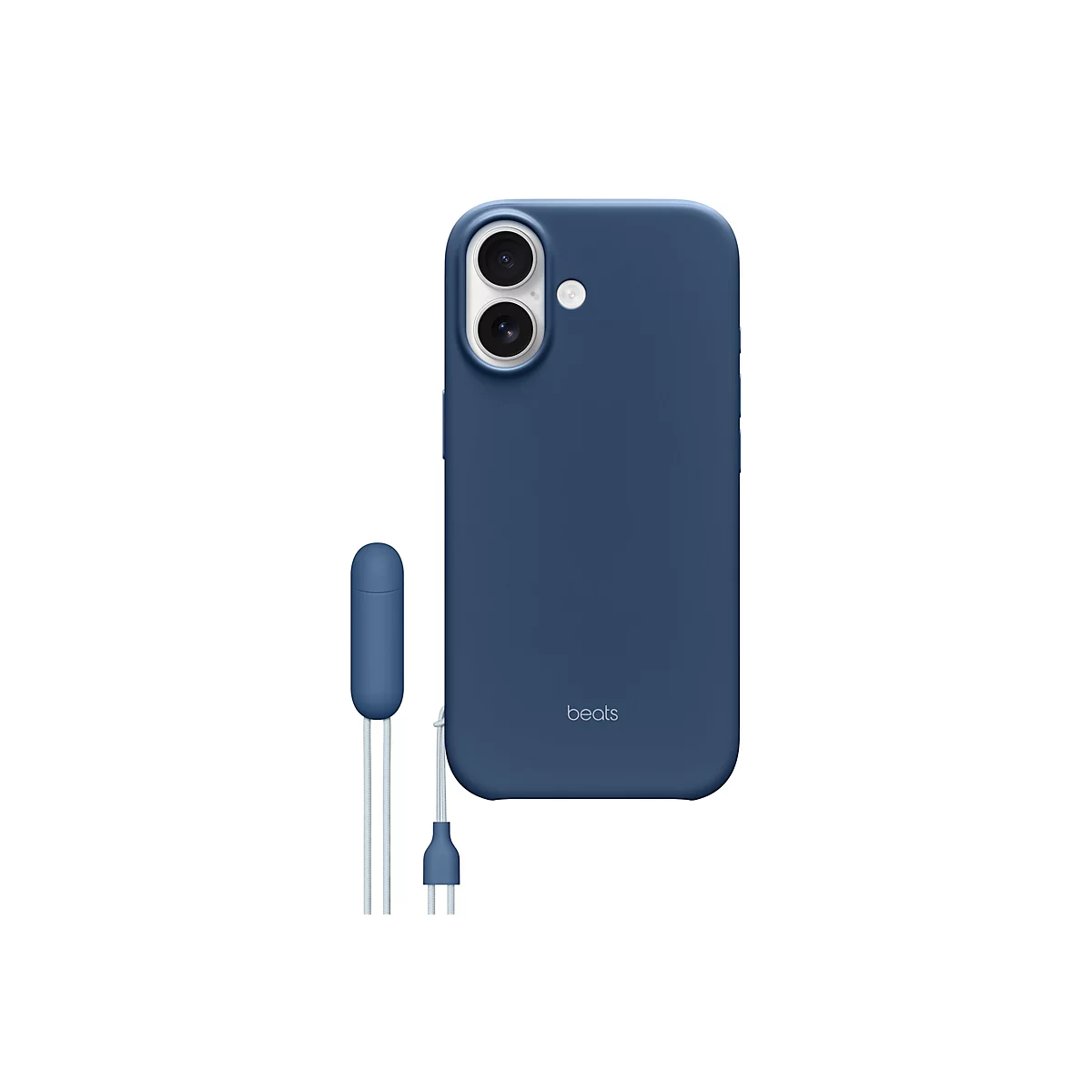 Téléphone bleu avec un étui, à côté, un étui de chargement assorti avec câble. Le nom de la marque "beats" est visible sur l'étui du téléphone.
