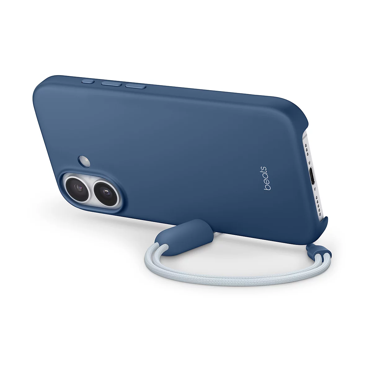 Coque de smartphone bleue avec une dragonne blanche. L'étui porte le logo "beats".
