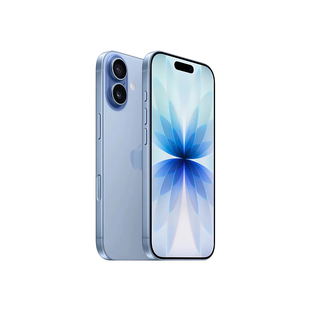 Modèle de smartphone bleu clair, légèrement de dos et de côté. Sur l'écran, un motif abstrait bleu et blanc.