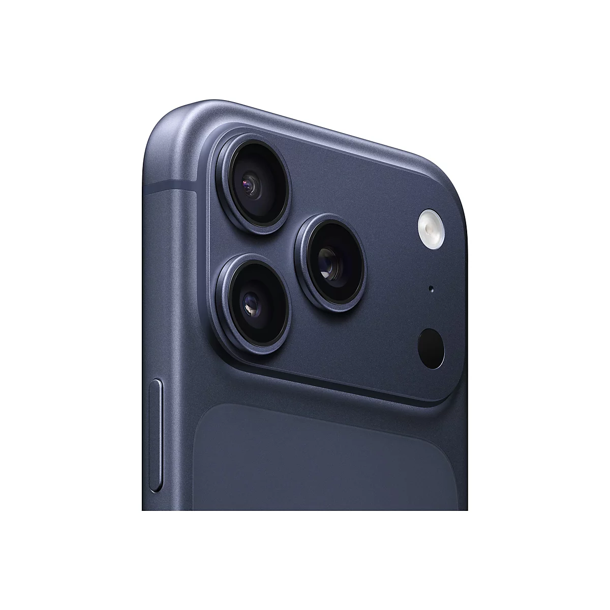 Nahaufnahme der Rückseite eines blauen Smartphones mit drei Kameras, einem Blitz und einem Mikrofon.