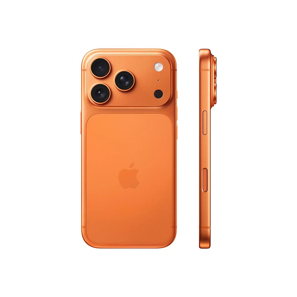 Orangefarbenes Smartphone, Vorder- und Seitenansicht. Rückseite mit Kamera, Apple-Logo. Seite mit Lautstärke- und Stummschalttasten.