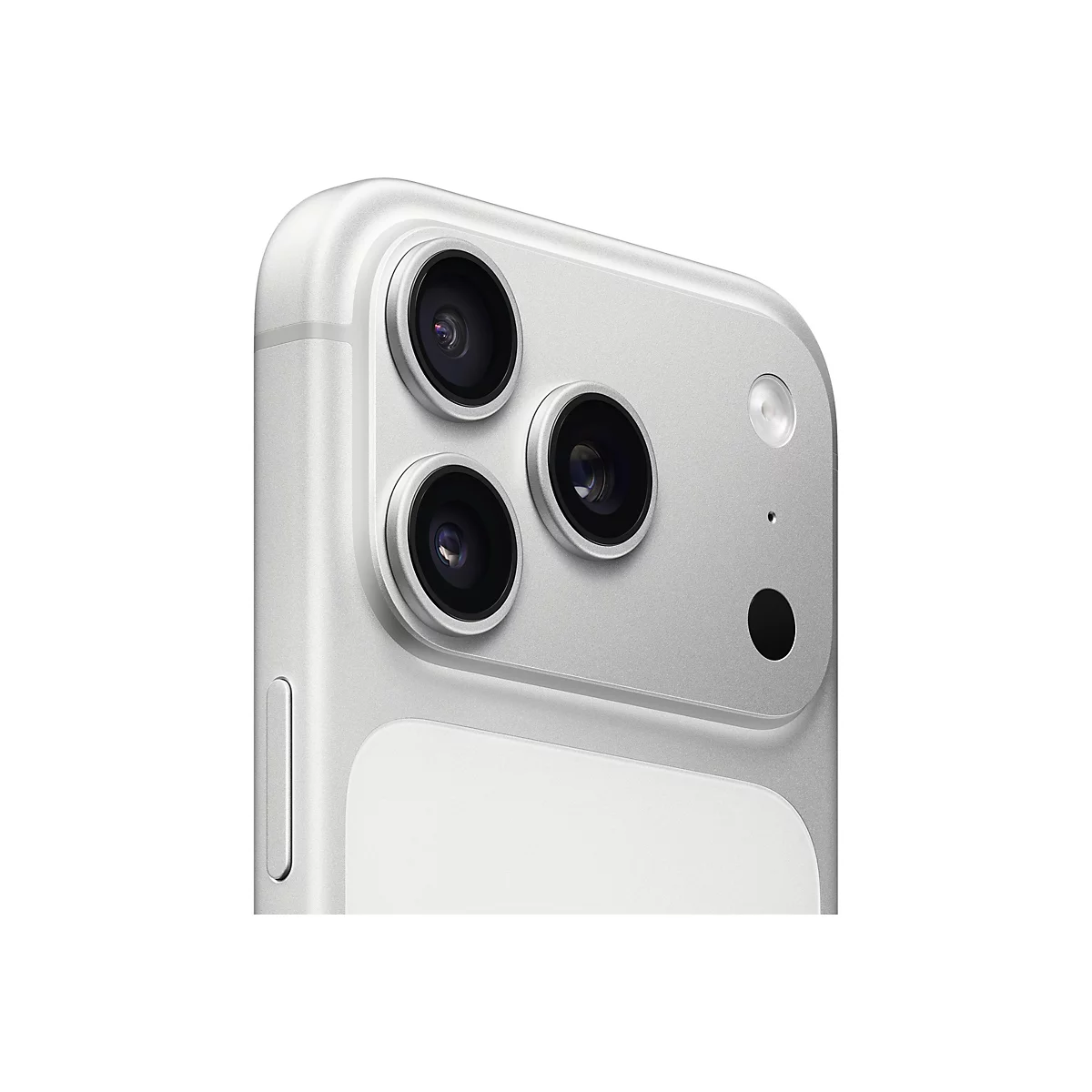 Nahaufnahme des Kamera-Moduls eines silbernen iPhones. Drei Objektive, ein Blitz, ein Mikrophon und ein kleiner schwarzer Sensor. Die Oberfläche ist glatt und reflektierend.