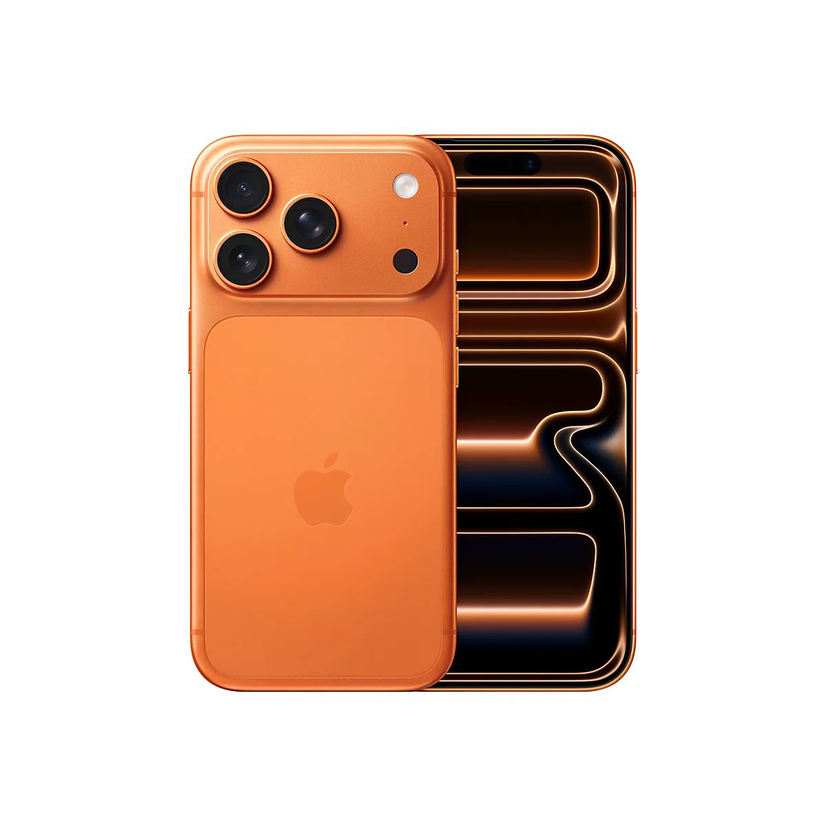 Rückseite eines leuchtend orangen Smartphones mit Dreifach-Kamera und Apple-Logo vor dunklem Displayhintergrund.