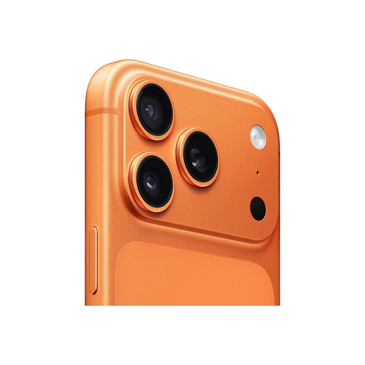 Nahaufnahme der orangefarbenen Rückseite eines Smartphones mit drei Kameralinsen und Blitzlicht.