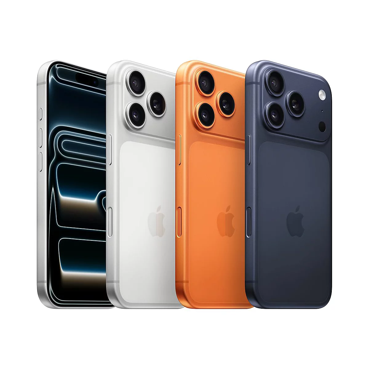 Vier iPhones in verschiedenen Farben nebeneinander vor weißem Hintergrund.