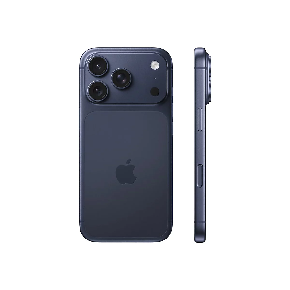 Dunkelblaues Smartphone, Rückseite mit Kameras, Apple-Logo. Seitliche Ansicht zeigt Tasten.