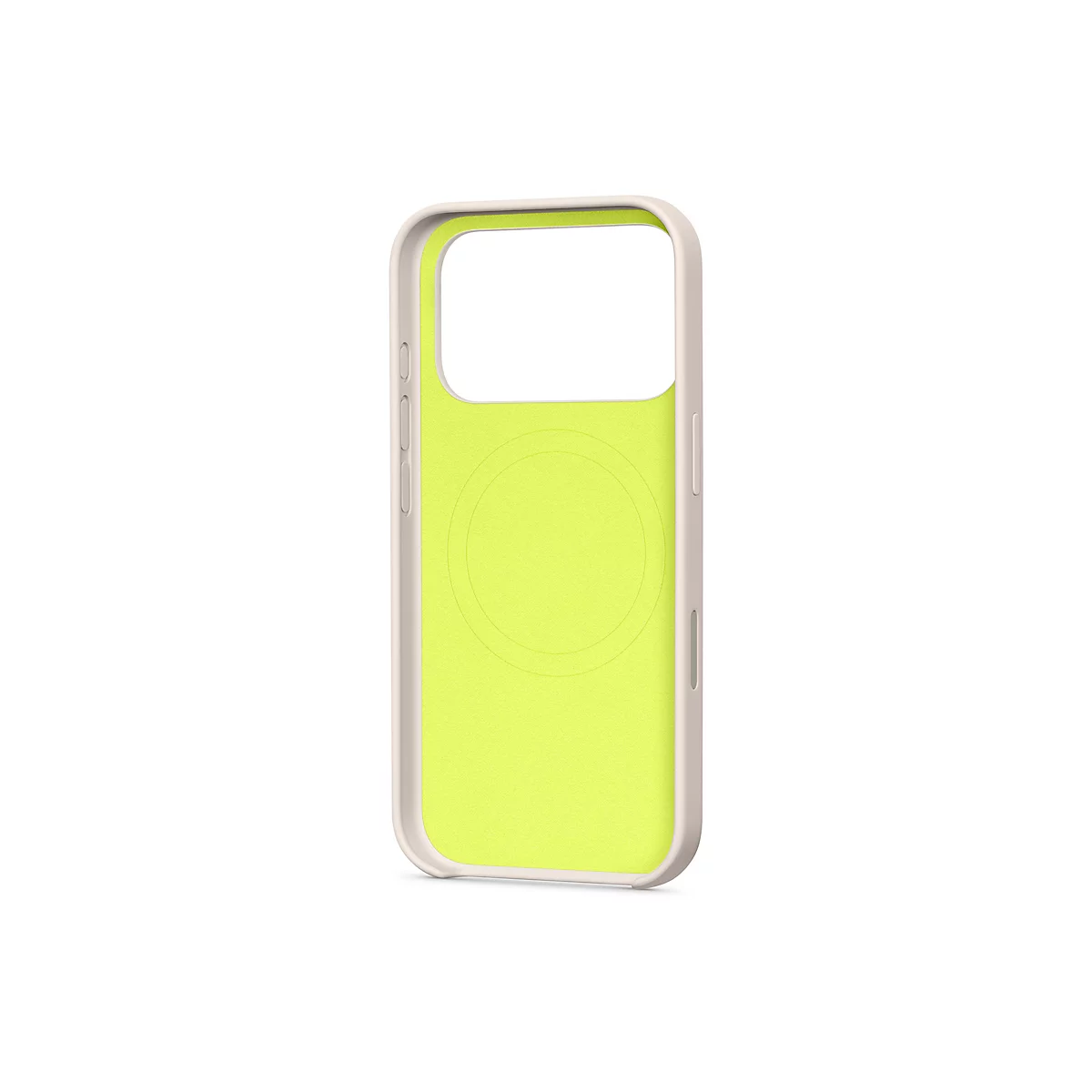 Coque de téléphone vert clair avec un cadre beige clair sur fond blanc. La coque montre des découpes pour la caméra et les commandes.
