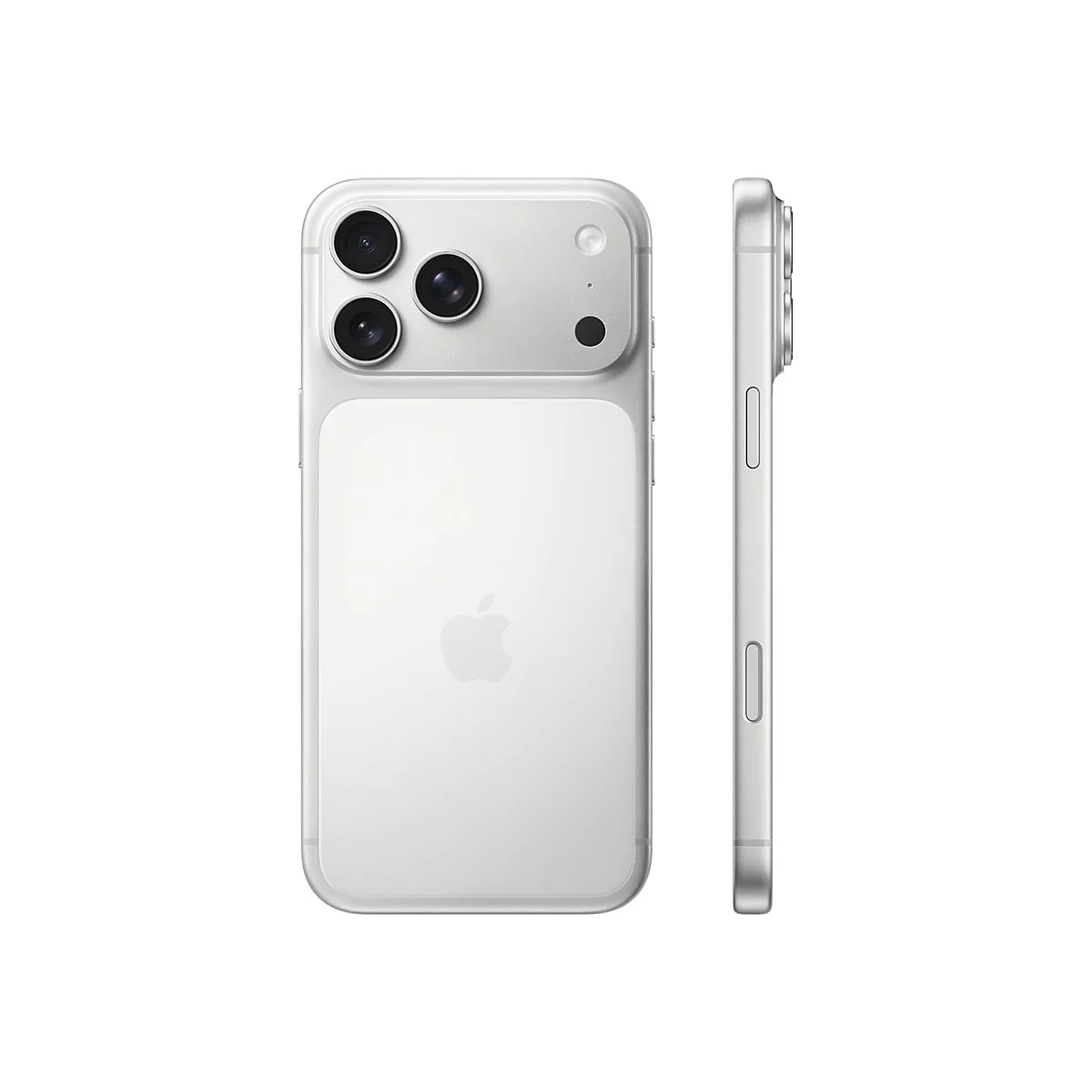 Hellgraues Smartphone, Ansicht von hinten und seitlich. Drei Kameras, Apple-Logo und Lautstärketasten.