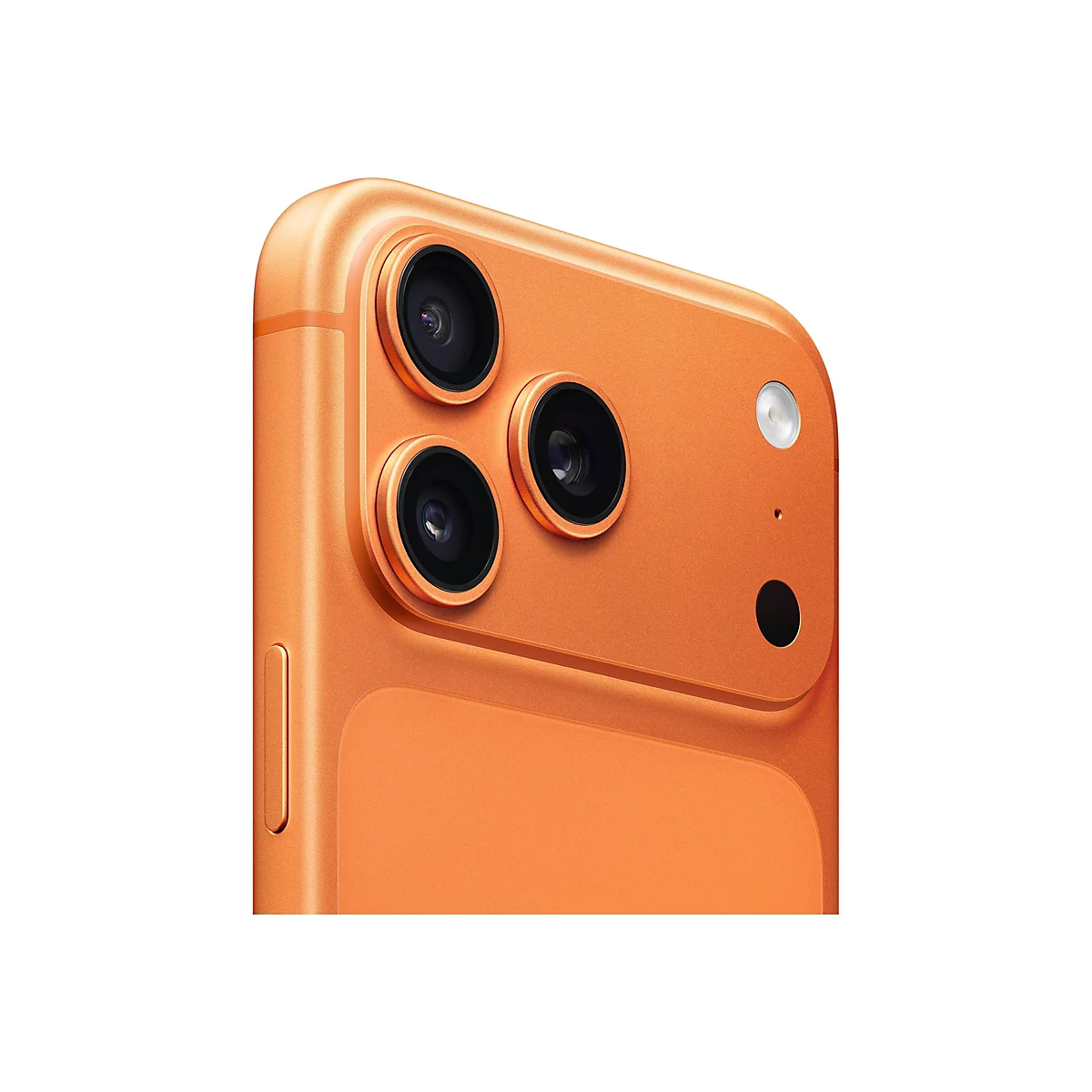 Nahaufnahme der Rückseite eines orangefarbenen Smartphones mit drei Objektiven, einem Blitz und einem Mikrofon.