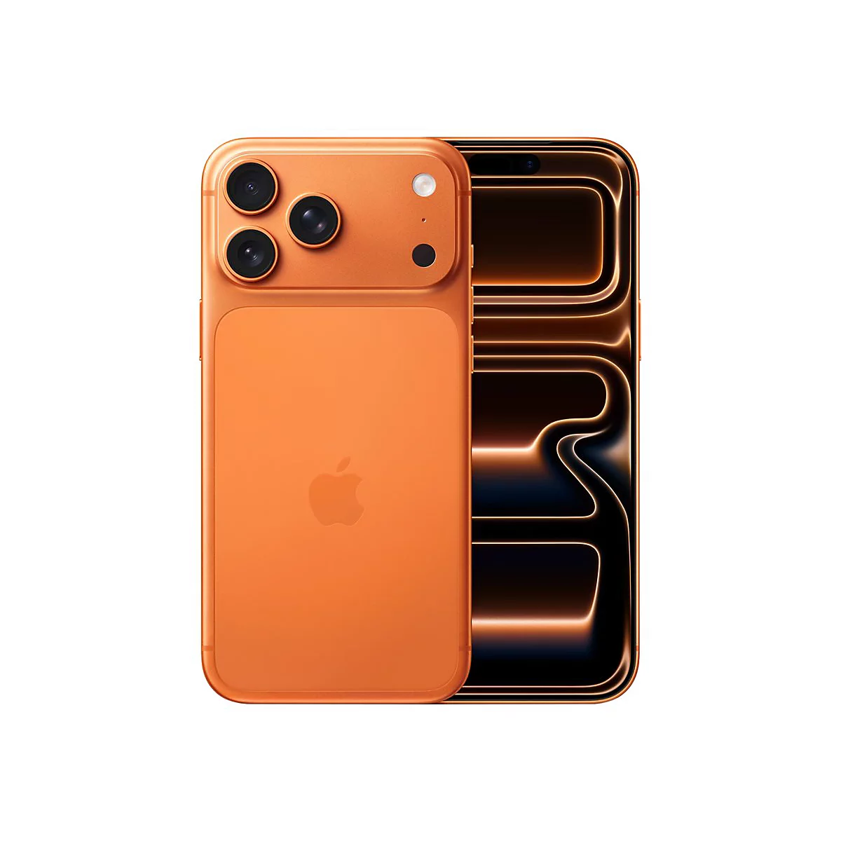 Orangefarbenes Smartphone, Rückseite mit Apple-Logo, drei Kameras, Display-Design.