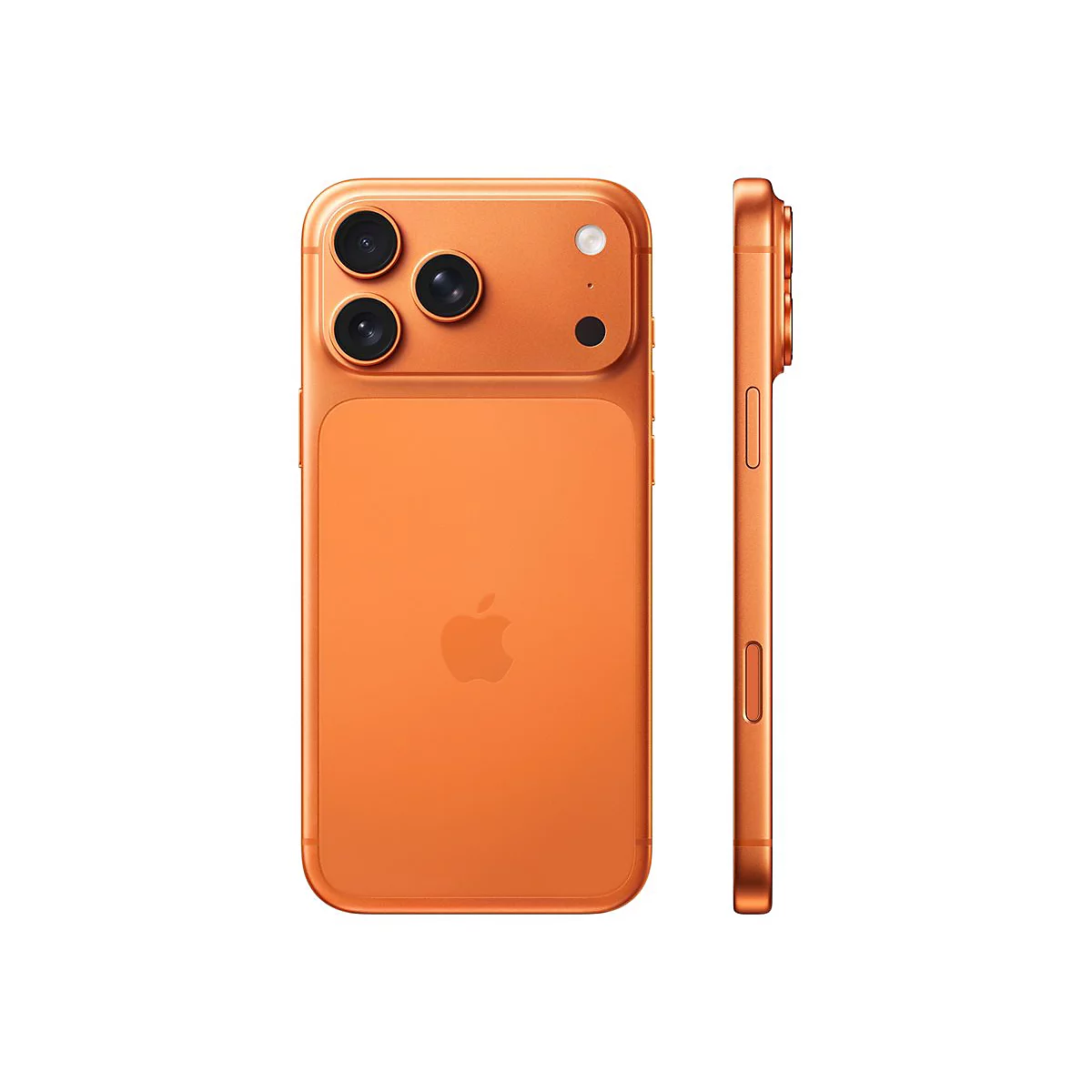 Orangefarbenes Smartphone, Ansicht von Vorder- und Seite. Rückseite mit Apple-Logo, drei Kameras.