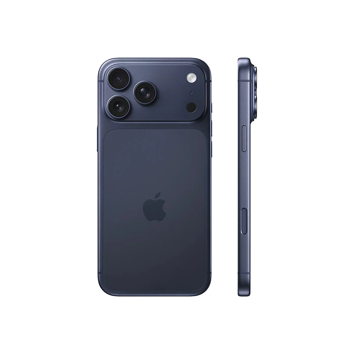 Dunkelblaues Smartphone von hinten und von der Seite mit Triple-Kamera-System und Apple-Logo.