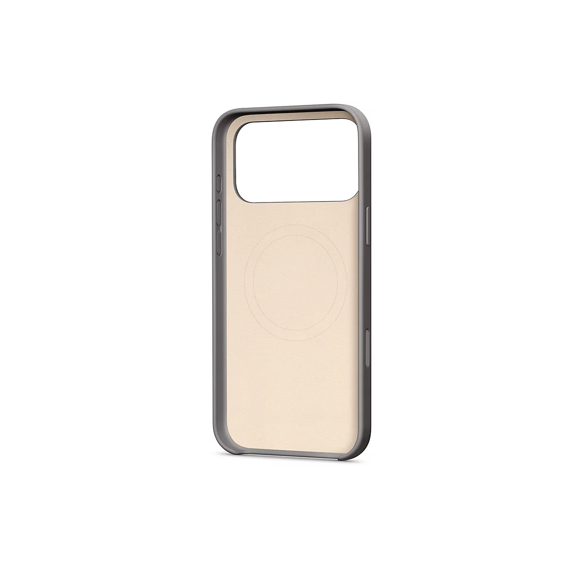 Coque de téléphone beige clair pour smartphone, avec un cadre foncé. Des détails tels que les boutons et le trou de la caméra sont visibles.