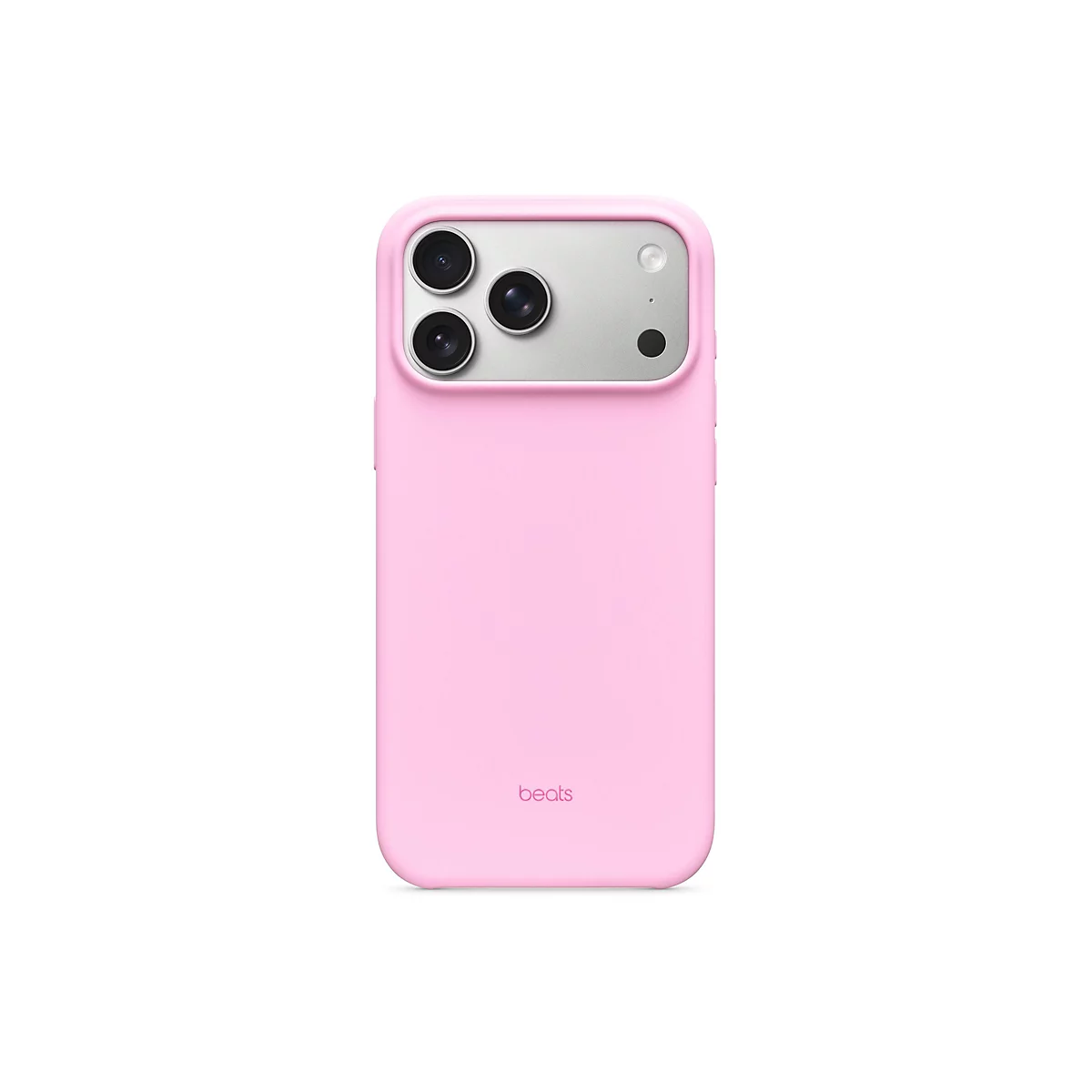 Coque de téléphone rose clair avec trois objectifs d'appareil photo et le mot "beats".