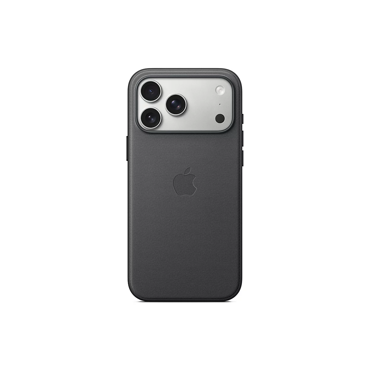 Vue arrière d'un iPhone gris dans un étui de protection gris. Le logo Apple et trois objectifs d'appareil photo sont visibles au dos.