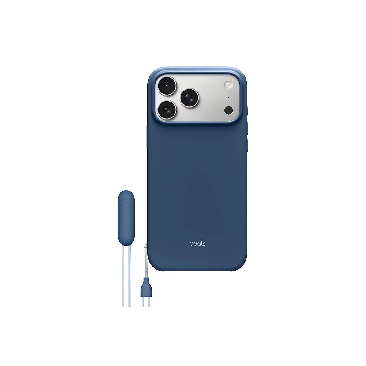 Coque de smartphone bleue avec protubérance de caméra et écouteurs ; le logo Beats est visible.