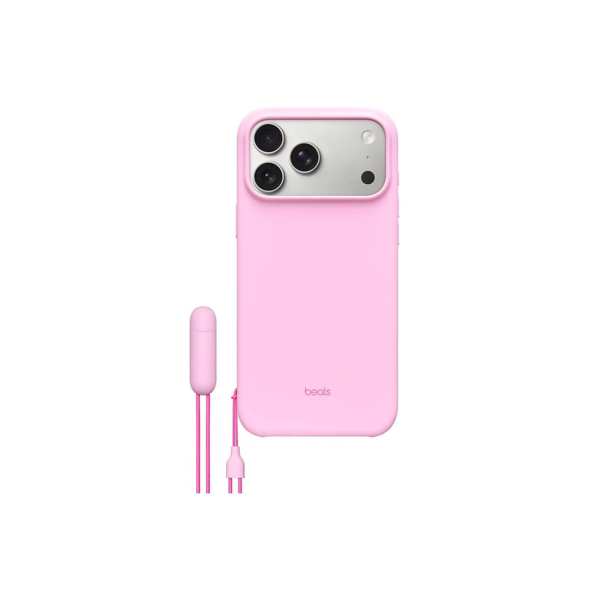 Coque d'iPhone rose clair à côté d'une paire d'écouteurs. La coque porte l'inscription "beats".