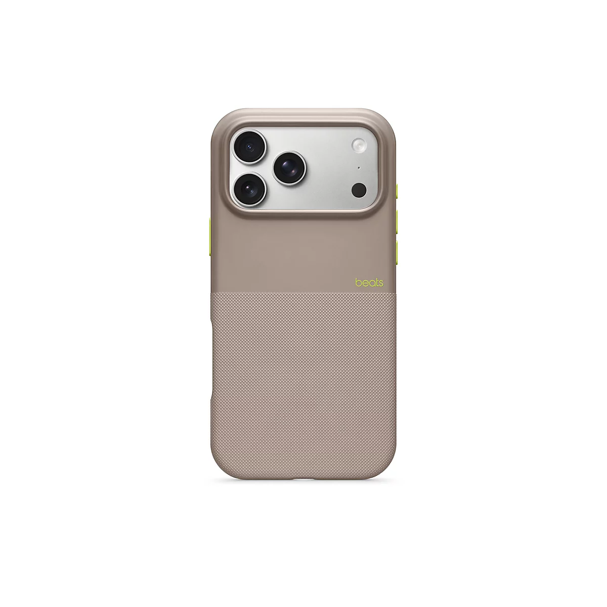 Coque de téléphone beige pour smartphone avec découpe caméra, en dessous une surface texturée. Le logo Beats est visible.