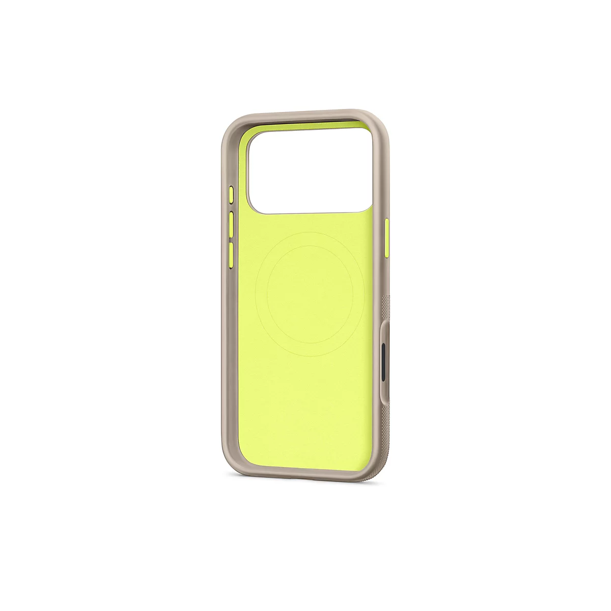Un étui pour iPhone vert citron avec un cadre beige sur fond blanc. L'étui comporte des découpes pour l'appareil photo et les boutons.