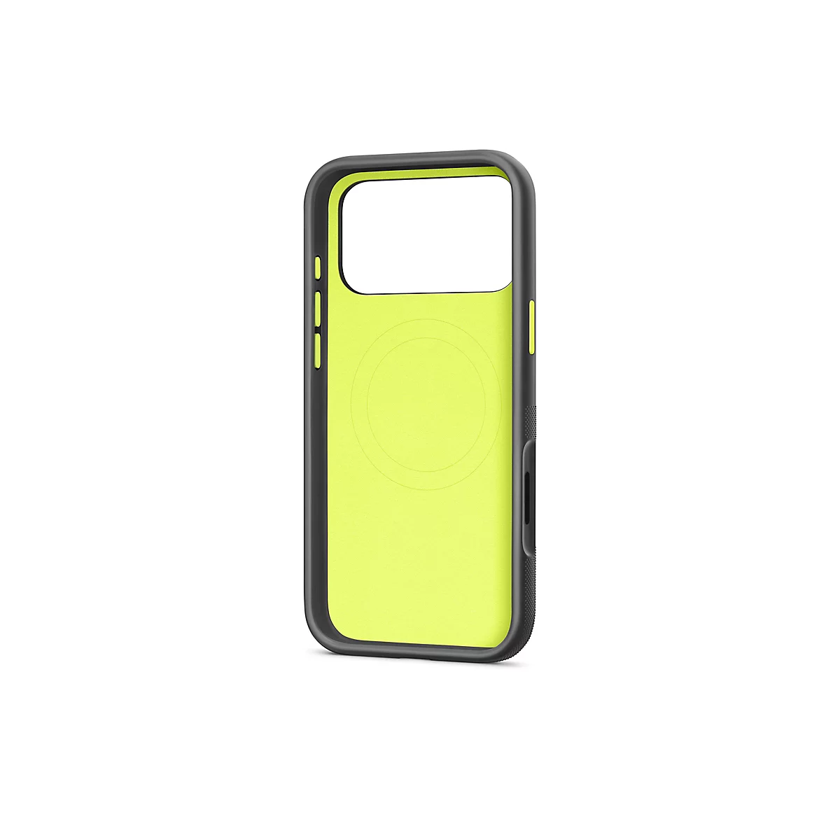 Une coque de téléphone noire et jaune néon. La coque montre l'intérieur avec l'espace pour l'appareil photo et les boutons.
