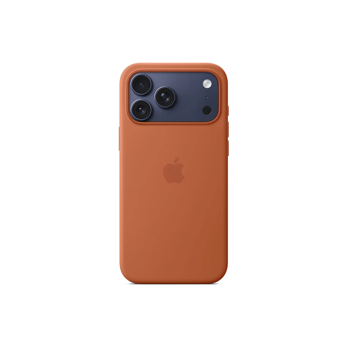 Vue arrière d'un iPhone orange, montrant trois objectifs de caméra noirs et un flash. Le logo Apple est positionné au centre.