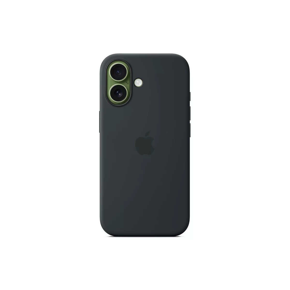Coque de téléphone gris foncé avec le logo Apple et des ouvertures pour l'appareil photo sur fond blanc.