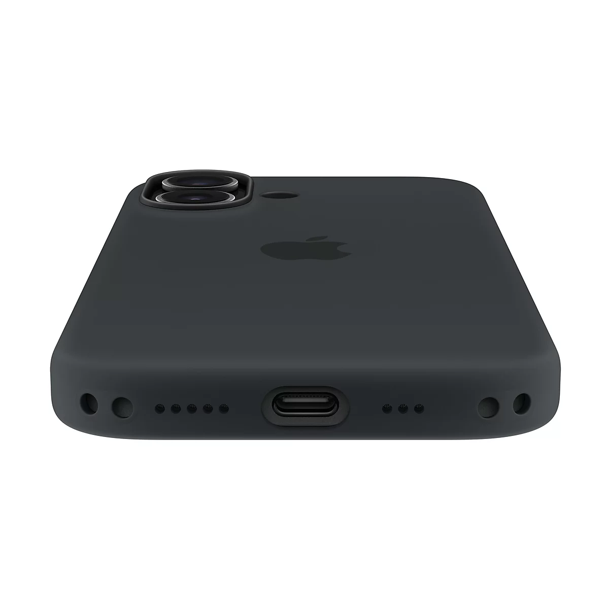 Coque de téléphone gris foncé. Le logo Apple est visible au dos, ainsi que l'encoche pour la caméra et les encoches pour les ports.