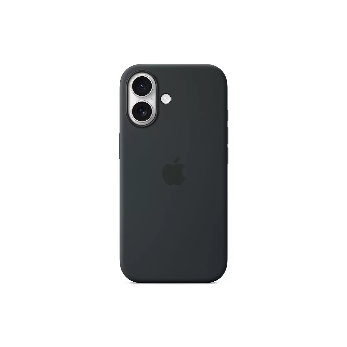 Coque de téléphone gris foncé avec logo Apple sur fond blanc. Deux lentilles de caméra et un flash sont visibles en haut.