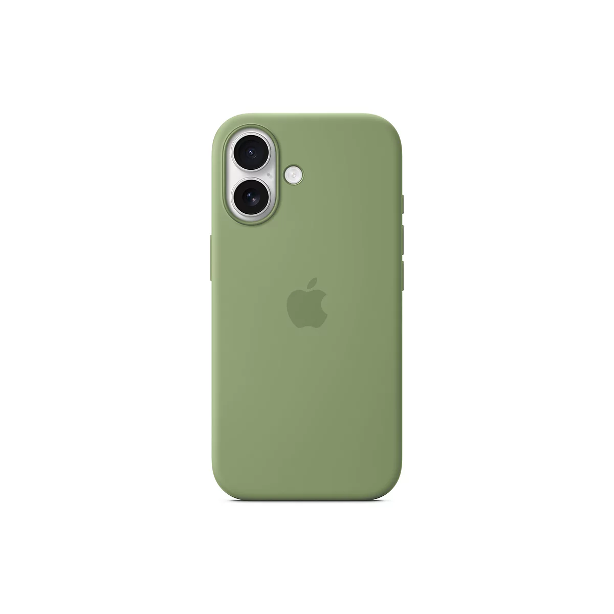 Un étui iPhone vert montrant la caméra, les boutons et le logo Apple.
