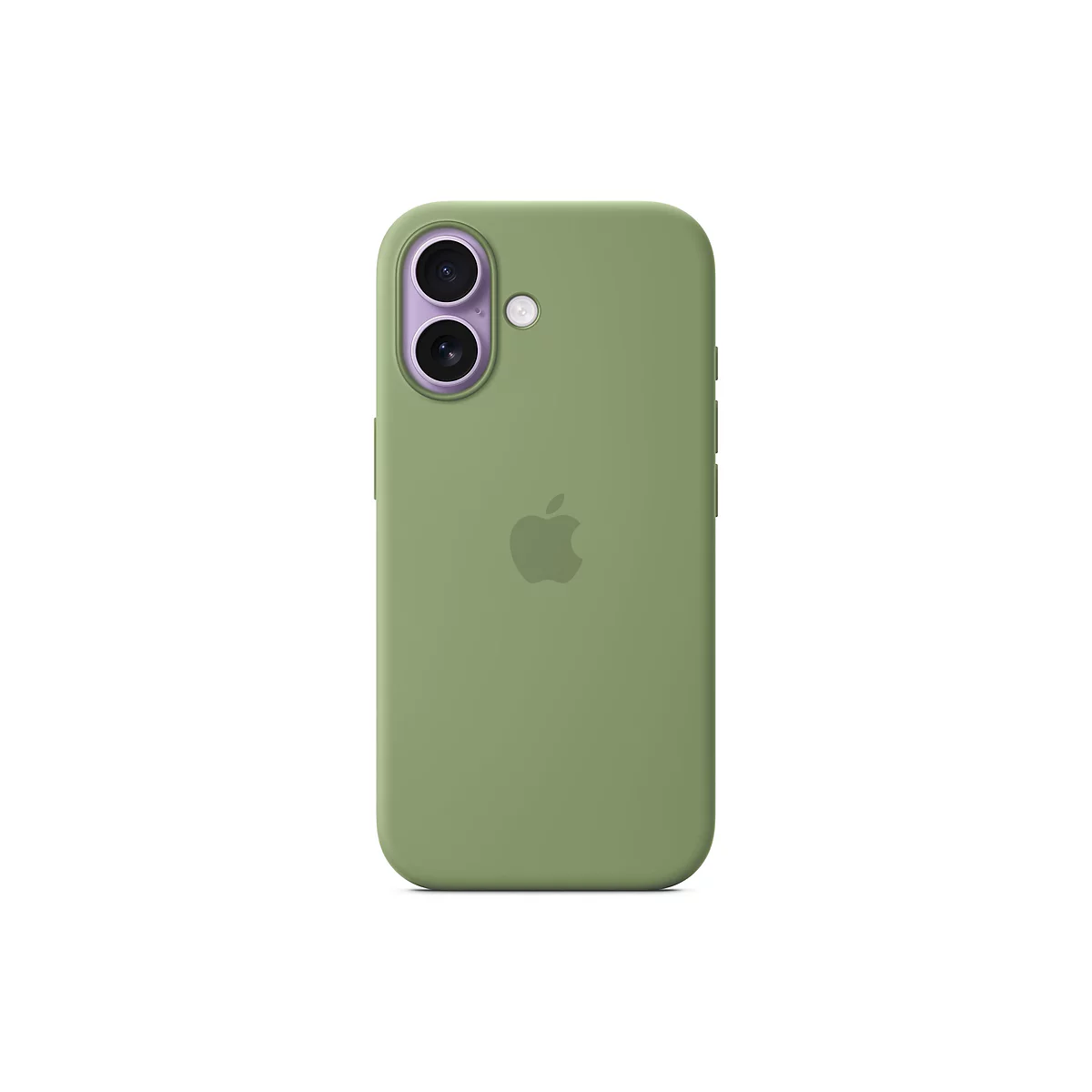 Une coque de téléphone verte avec le logo Apple. La caméra et un flash sont visibles.