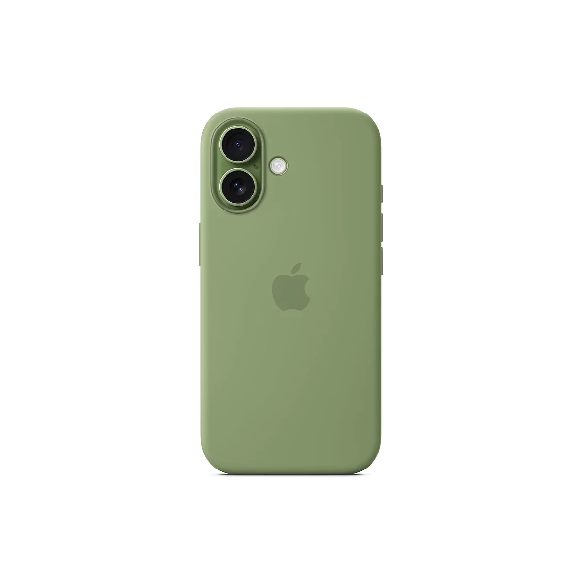 Un étui vert pour iPhone, avec le logo Apple. La découpe de l'appareil photo montre deux objectifs. Sur fond blanc.